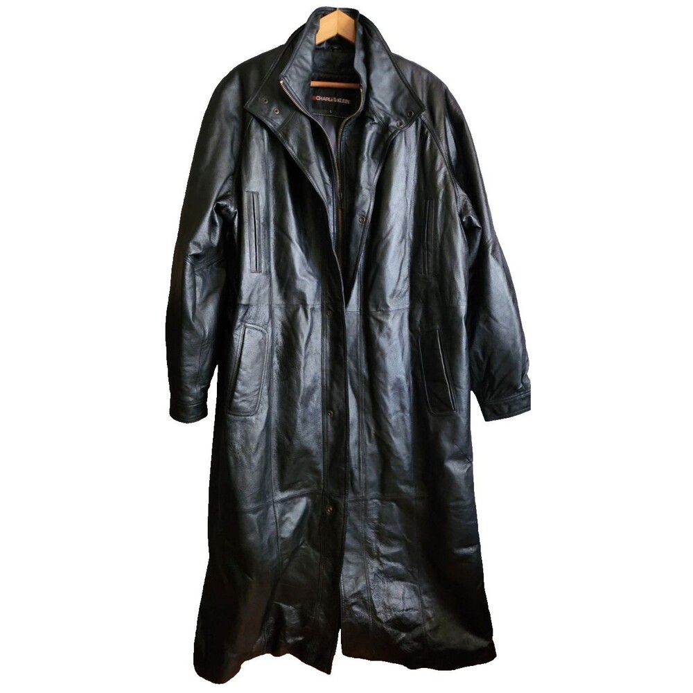 Vintage 90s Large Leather Long Double Breasted Lined Full Length Trench Coat